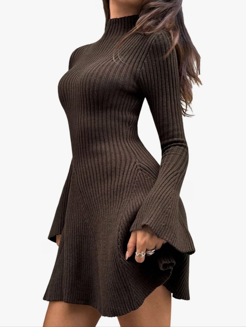 Bell Sleeve Sweater Dress Mock Neck A Line Knit Mini Dresses